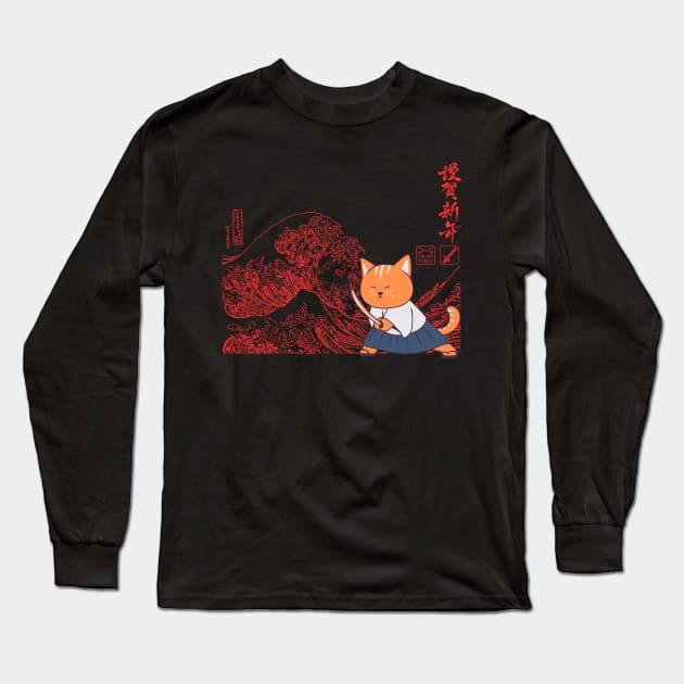 Samurai Cat And The Great Wave Long Sleeve T-Shirt by Donald Agunikyle Merch